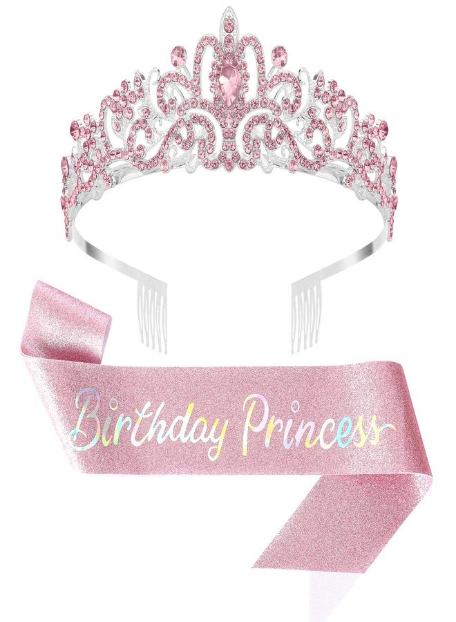 UlZDVUli Birthday Princess Crown, Birthday Princess Headband Tiara Sash Accessories Set for Women, Pink Crown Sash Decorations Party Favors - Image 1
